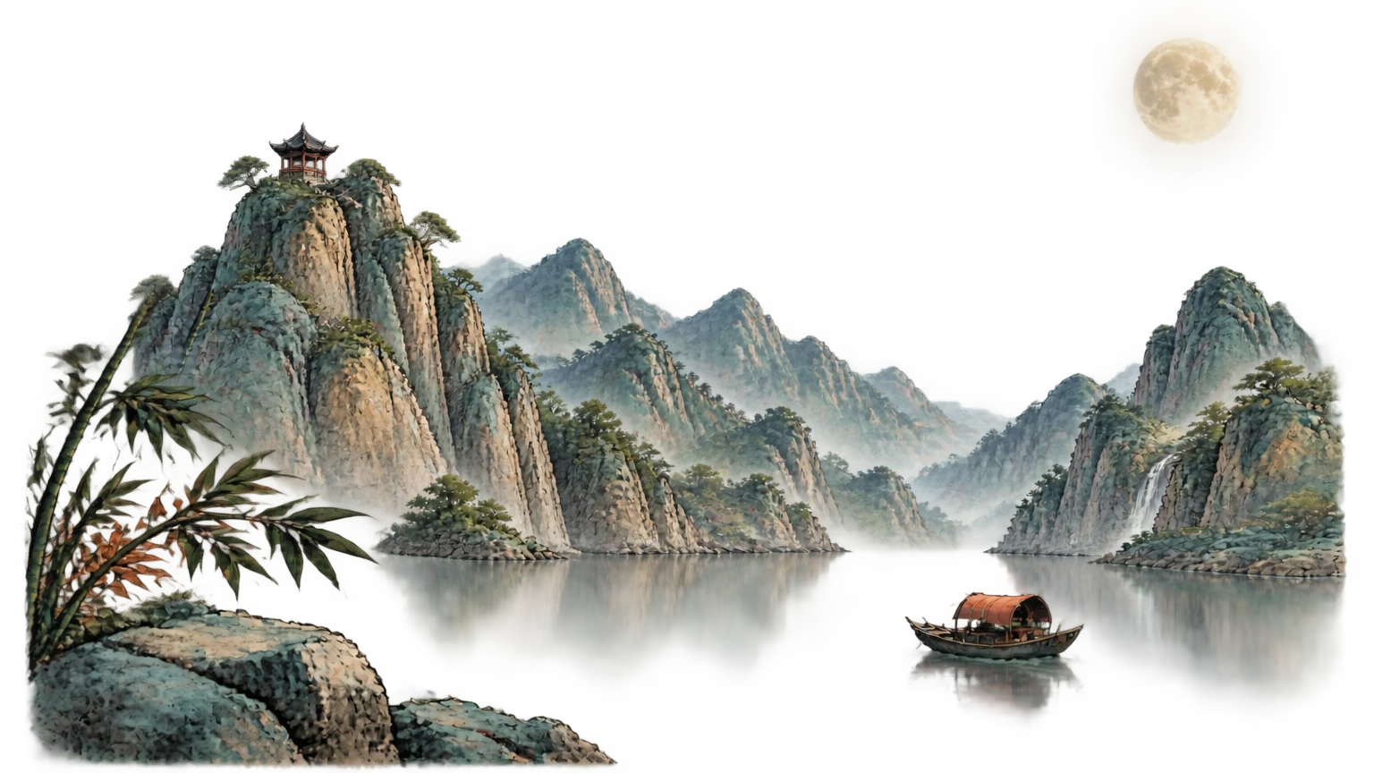 水墨風格的喀斯特山水：層疊山脊與山頂小亭，江面透明只見山與小舟的倒影，前景一枝竹，右上明月。