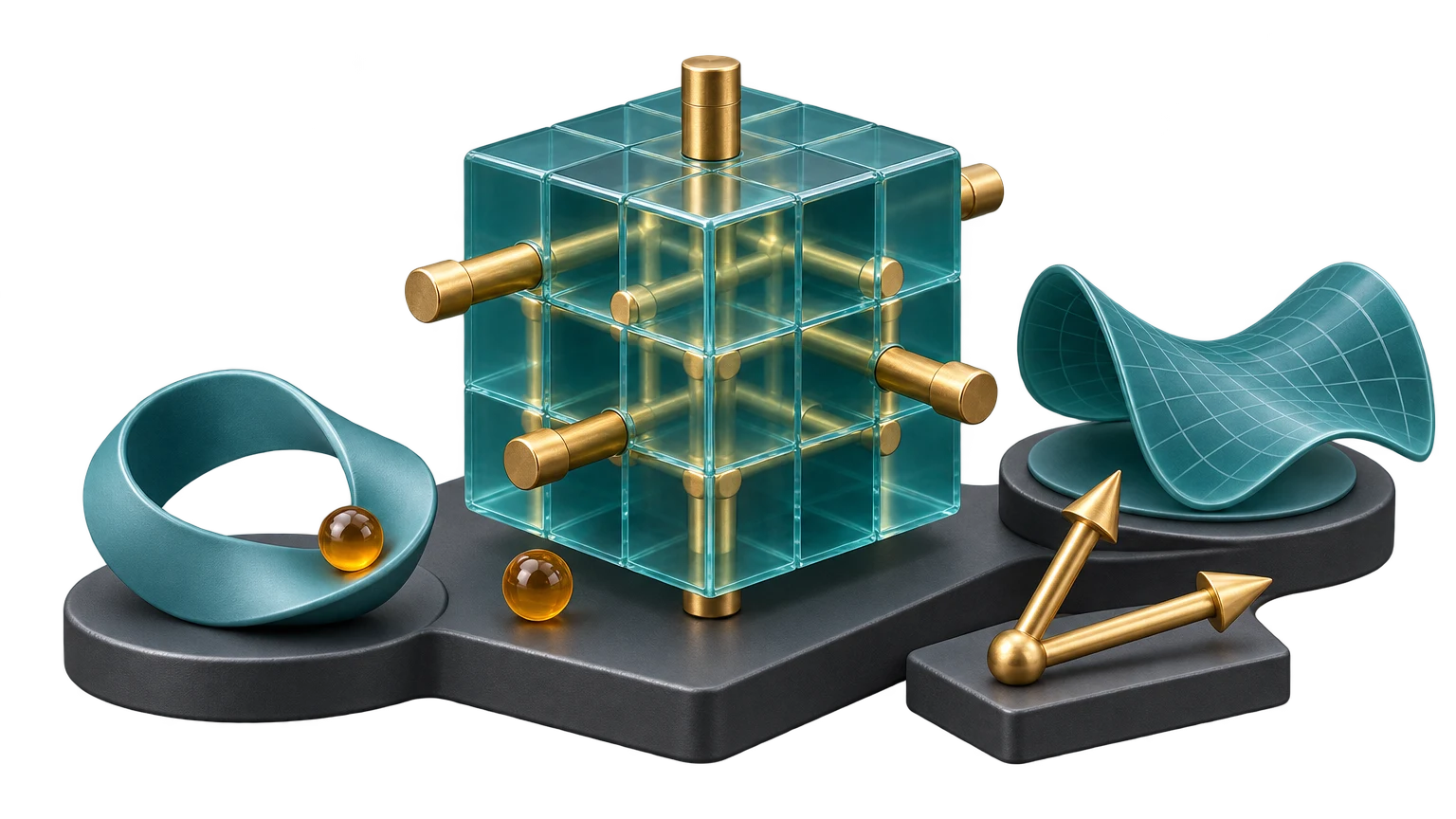 IAL Further Mathematics 主題：透明青綠立方格網中穿過黃銅軸桿，旁邊放著青綠 Möbius 帶、帶網格的雙曲面模型、琥珀色球體和黃銅向量箭頭。