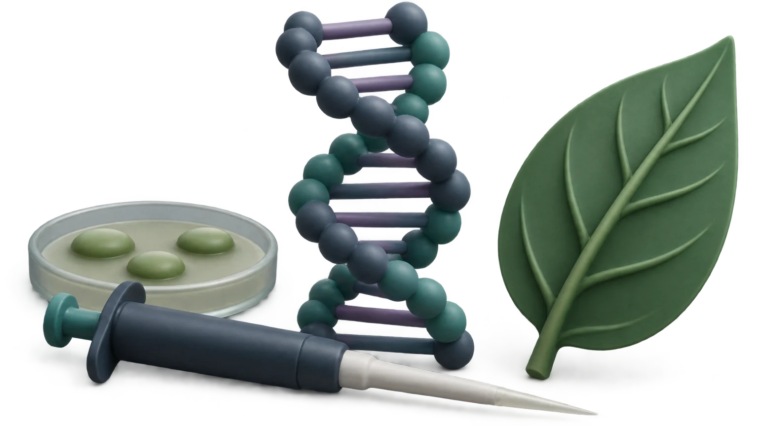 IB 生物主題：DNA 雙螺旋模型、微量吸管、培養皿中的菌落，以及一片帶粗葉脈的綠色葉片標本。