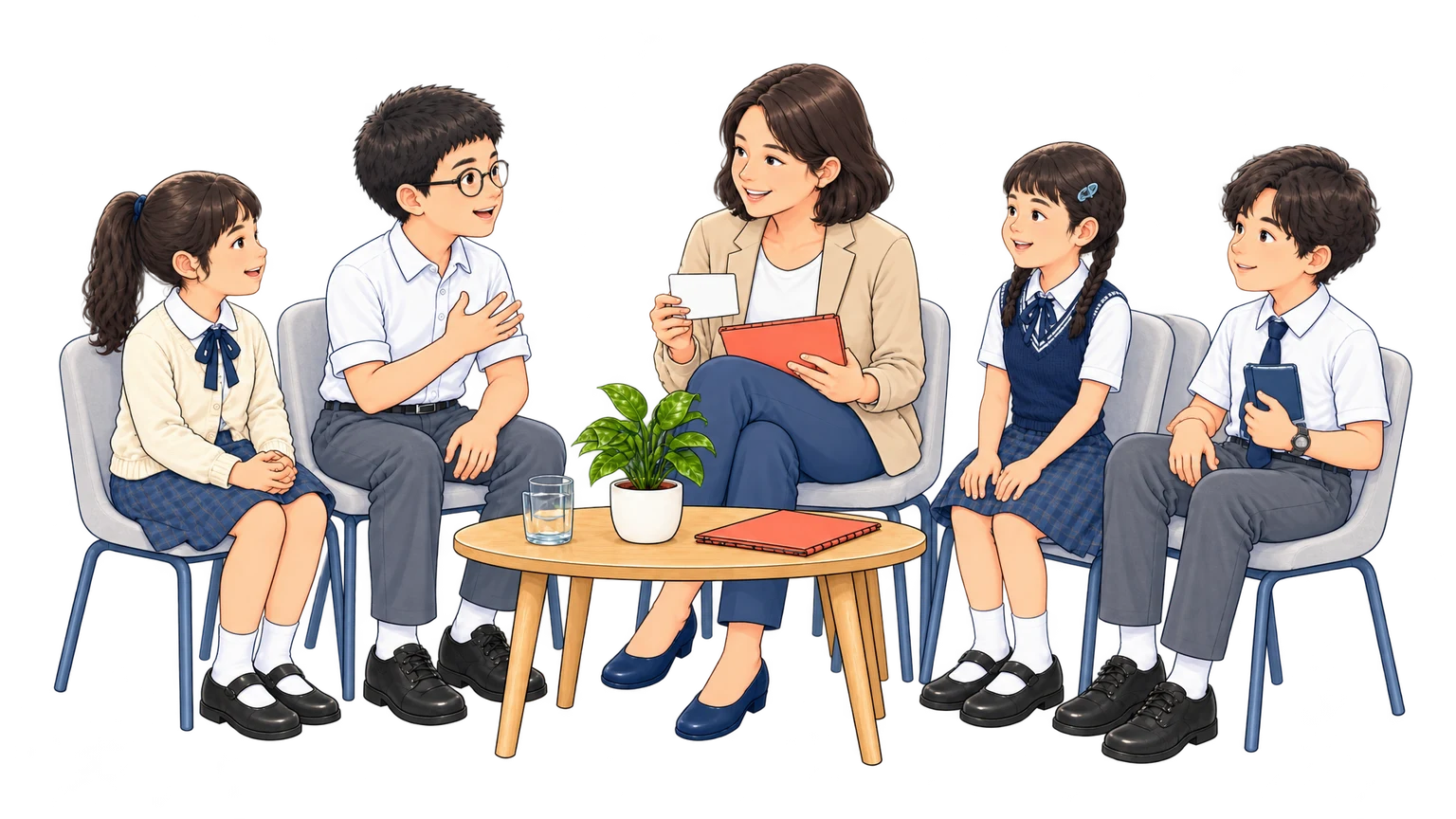 一名導師與四名小六學生圍坐成半圓進行升中面試小組練習，桌上放著文件夾、水杯與小盆栽。