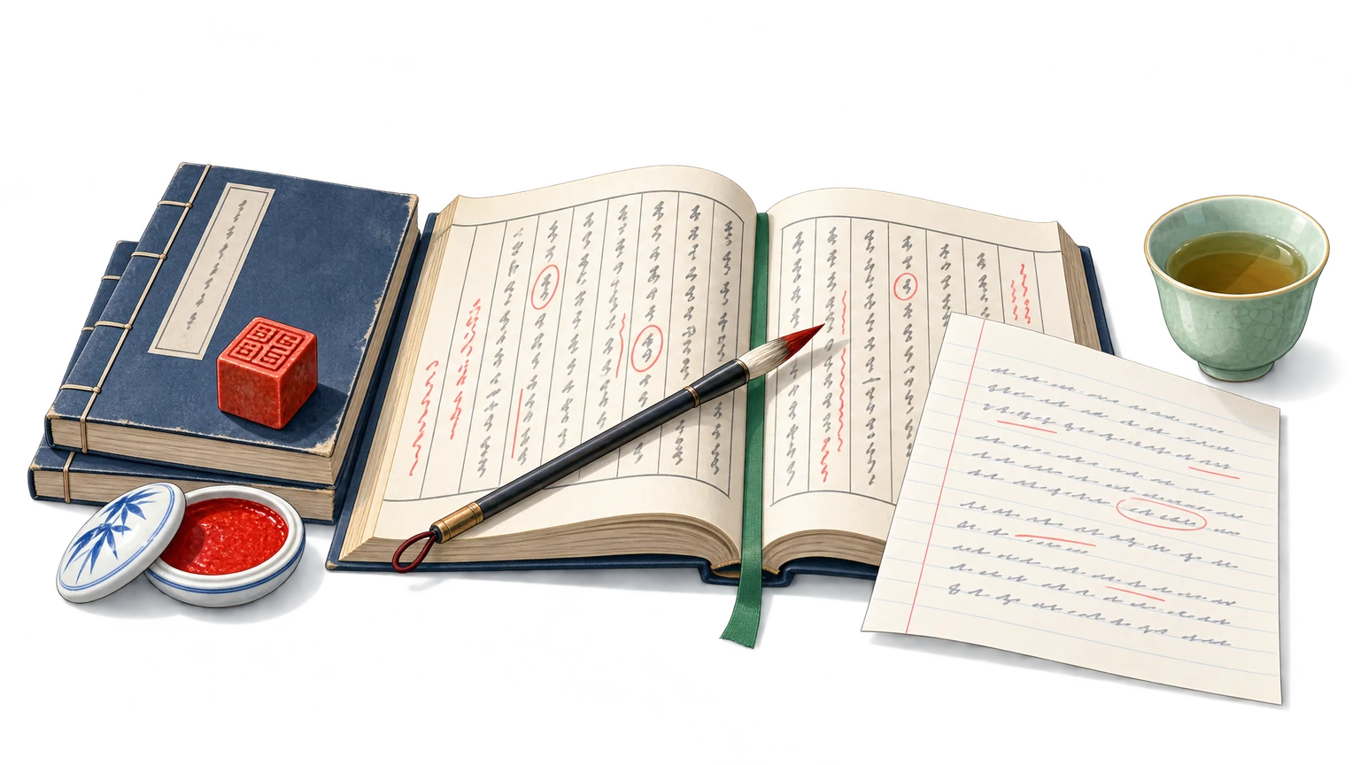 攤開的直排文言選文與朱筆批注、右側對譯稿、紅尖毛筆、線裝書與硃紅印章、印泥小碟與青瓷茶盞。