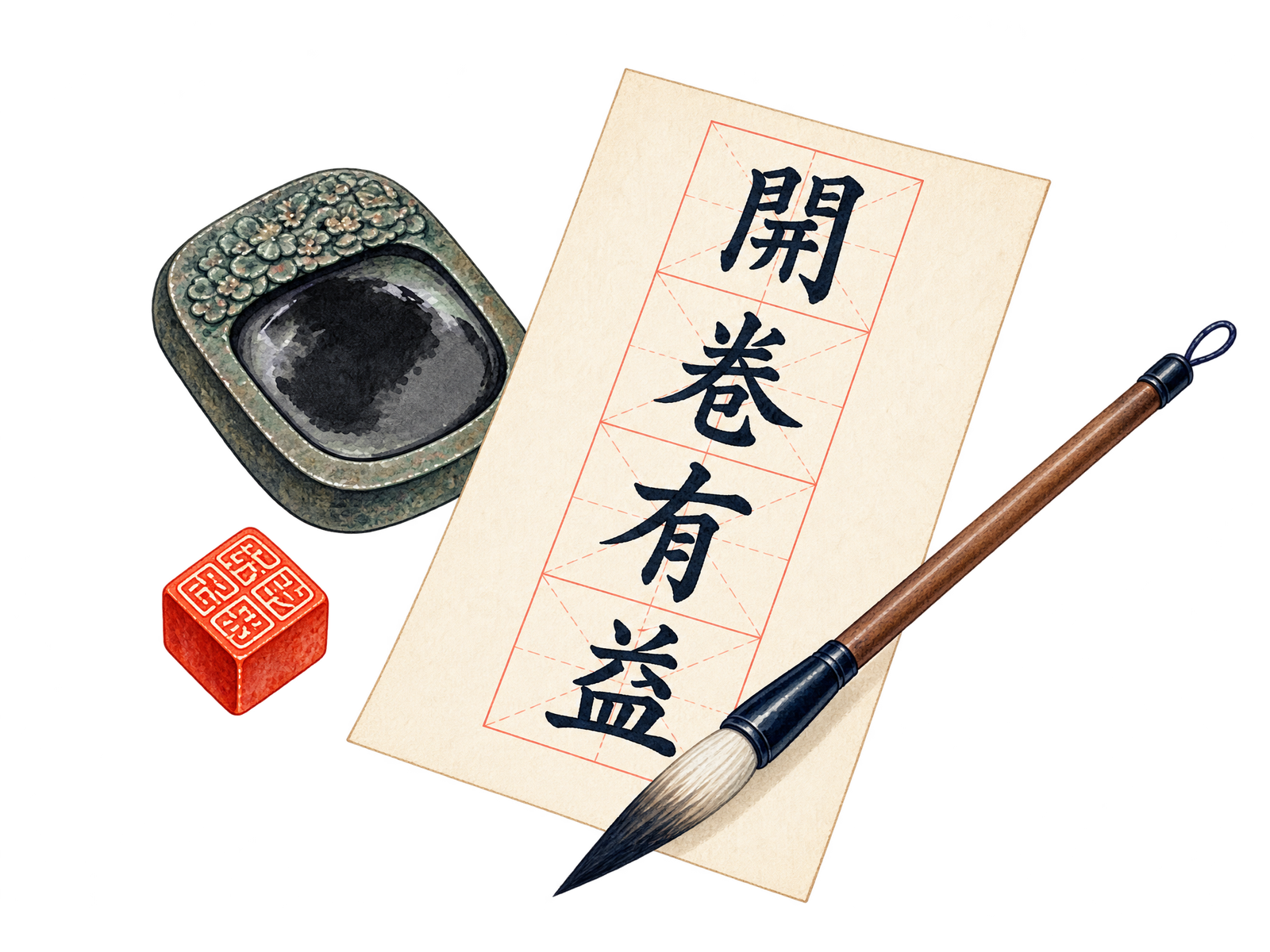 宣紙田字格上以楷書寫著「開卷有益」四字，旁邊是毛筆、筆架、硯台與朱砂印章。
