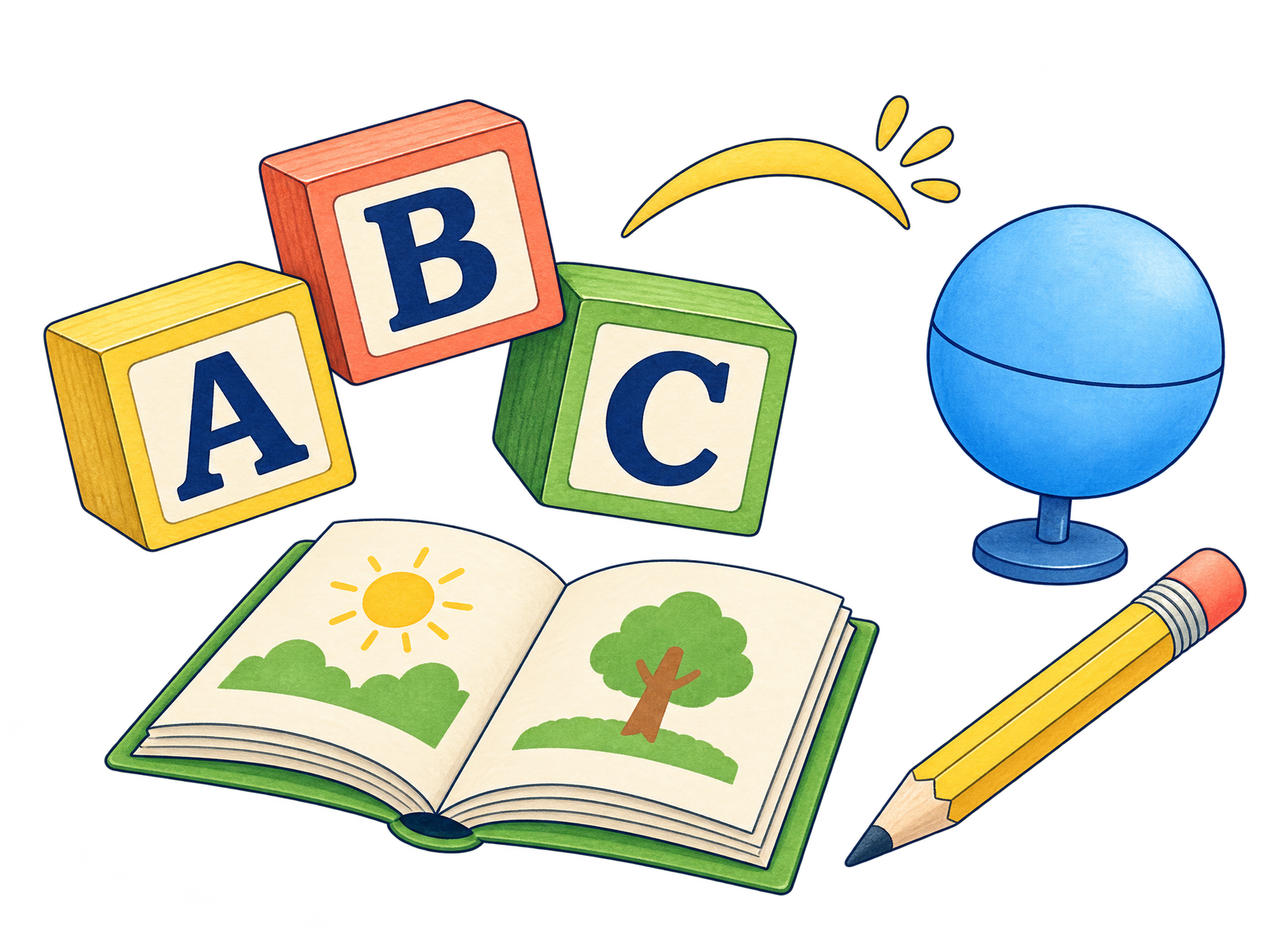 印有 A、B、C 的字母積木、攤開的故事書、對話弧線與小地球儀。