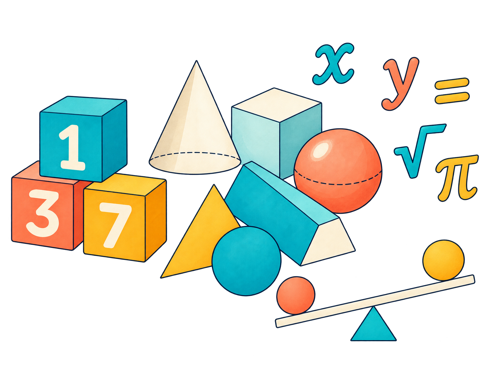 數字積木、圓錐與立方體等幾何圖形、加上 x、y 與等號的代數符號組成數學構圖。
